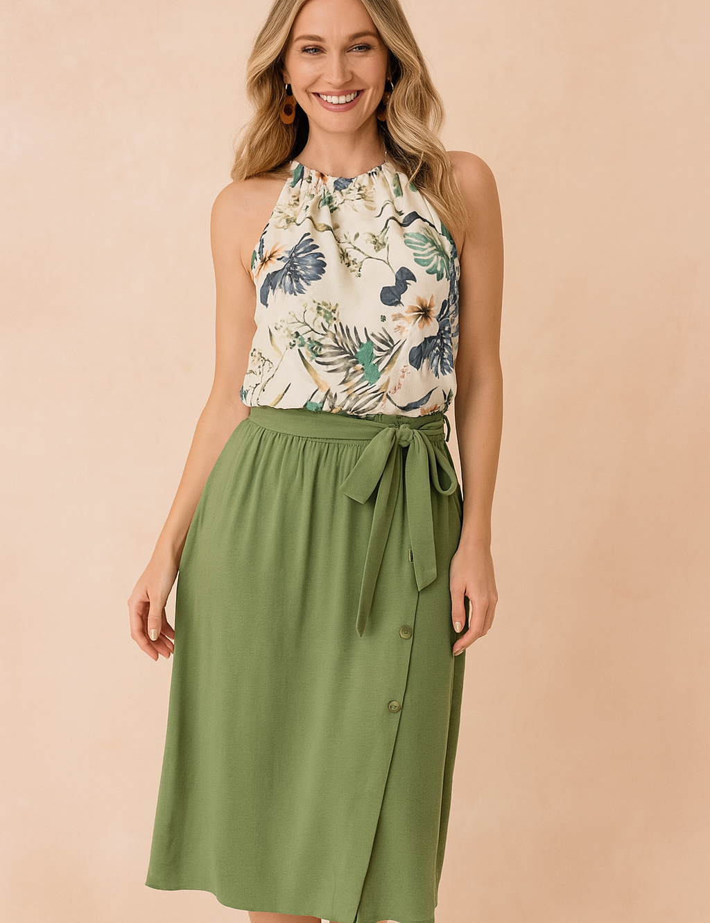 Mouwloze haltertop met tropische print voor dames met geplooide halslijn en ontspannen pasvorm, perfect voor zomerse looks.