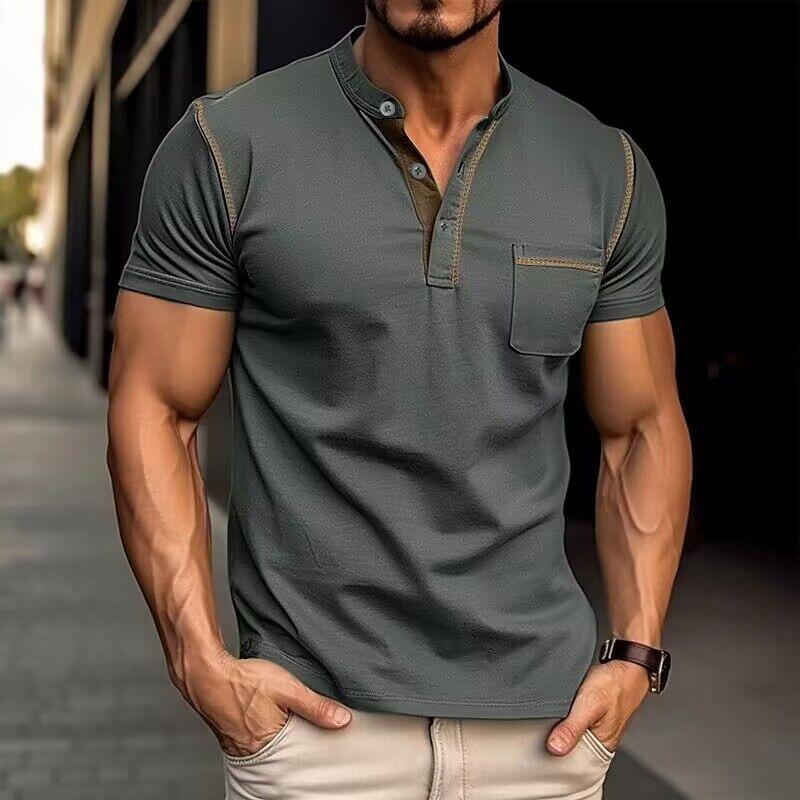 Harry | Kleurblok Henley Kraag T-shirt met Korte Mouwen voor een Stijlvolle Look