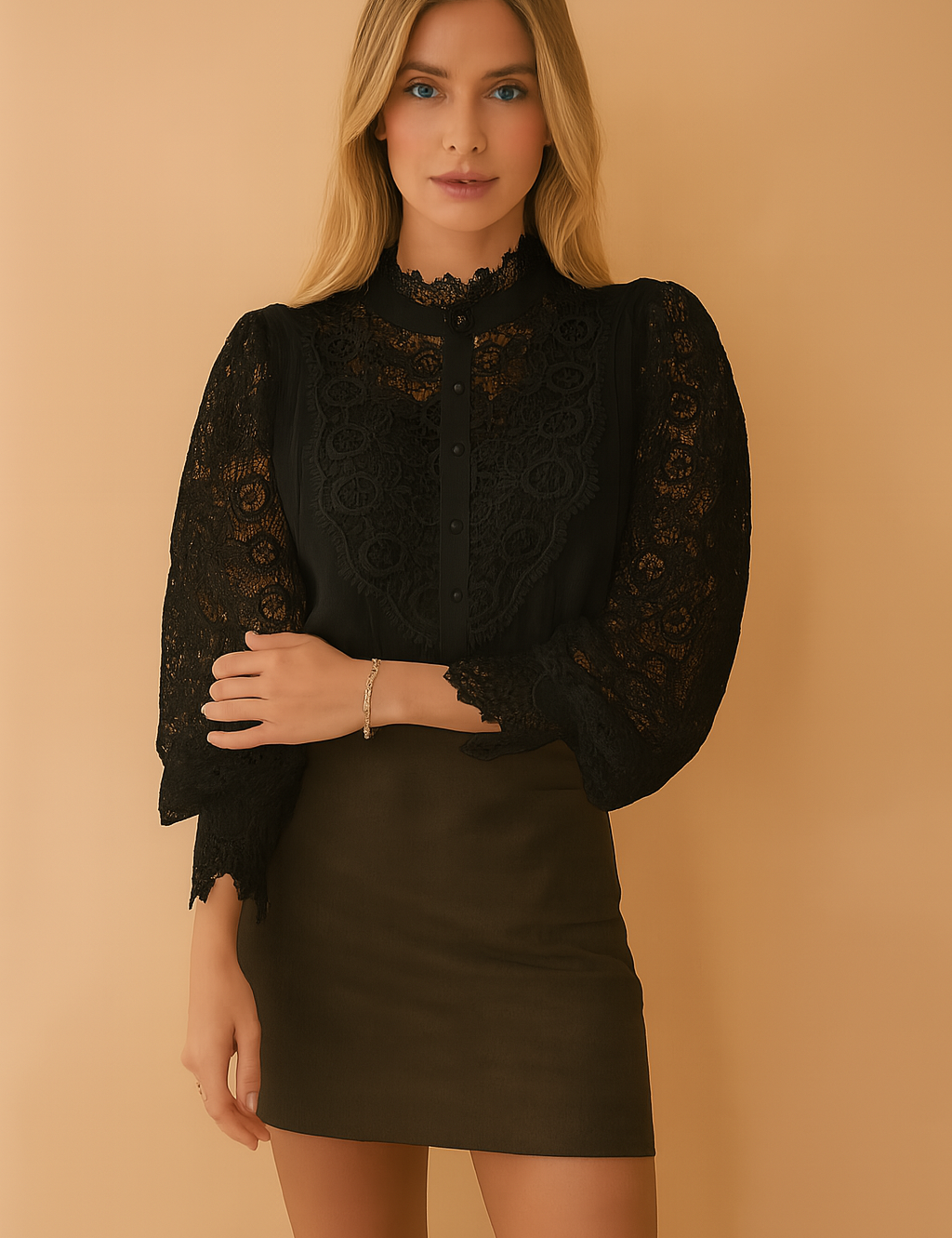 Zwarte kanten blouse met sierlijke details, hoge hals en transparante mouwen