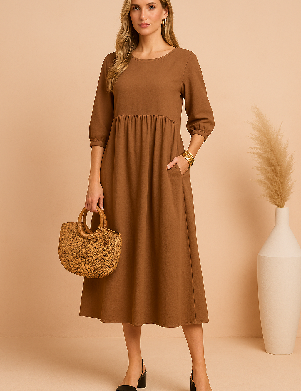4-mouwen, hoge taille en brede rok in linnenlook.