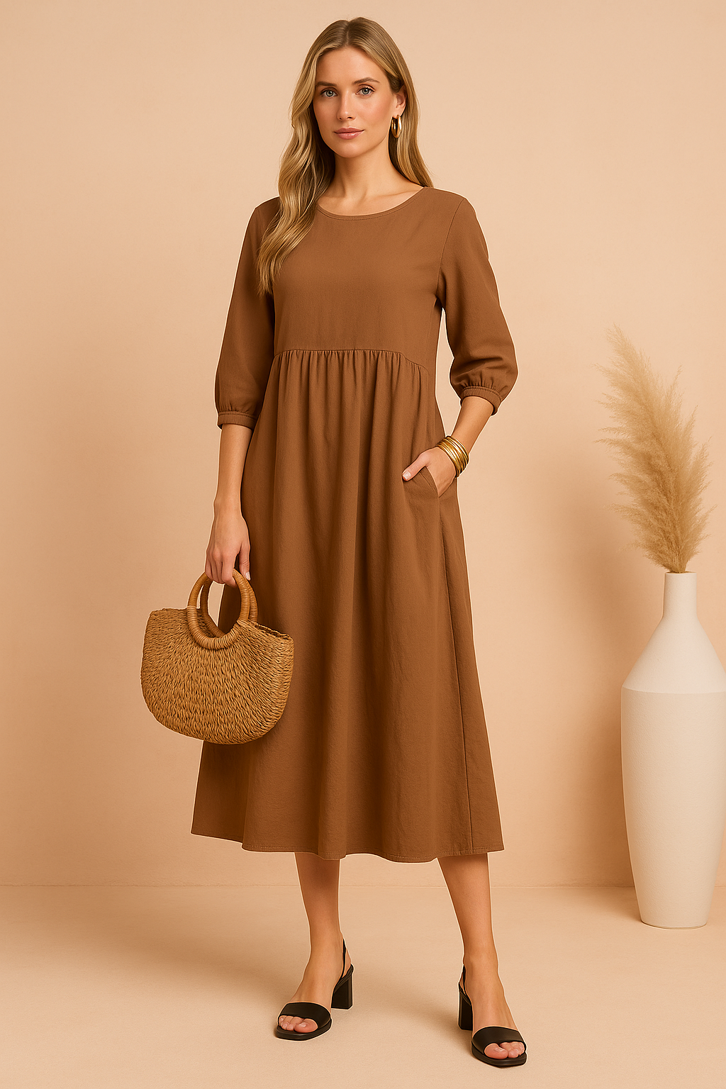 Karamelbruine midi-jurk met 3/4-mouwen, hoge taille en brede rok in linnenlook.