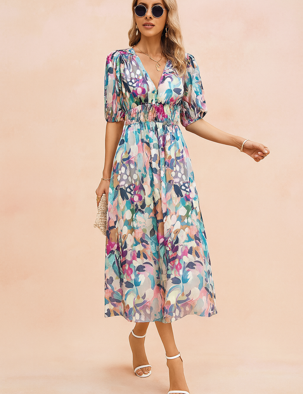 Midi-jurk met kleurrijke bloemenprint en stippen, V-hals, pofmouwen en gesmokte taille.