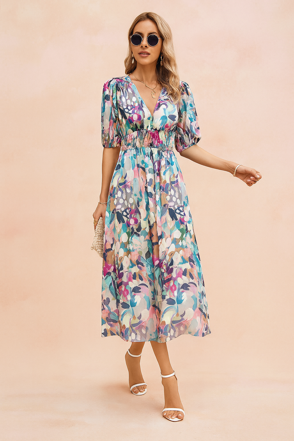 Midi-jurk met kleurrijke bloemenprint en stippen, V-hals, pofmouwen en gesmokte taille.