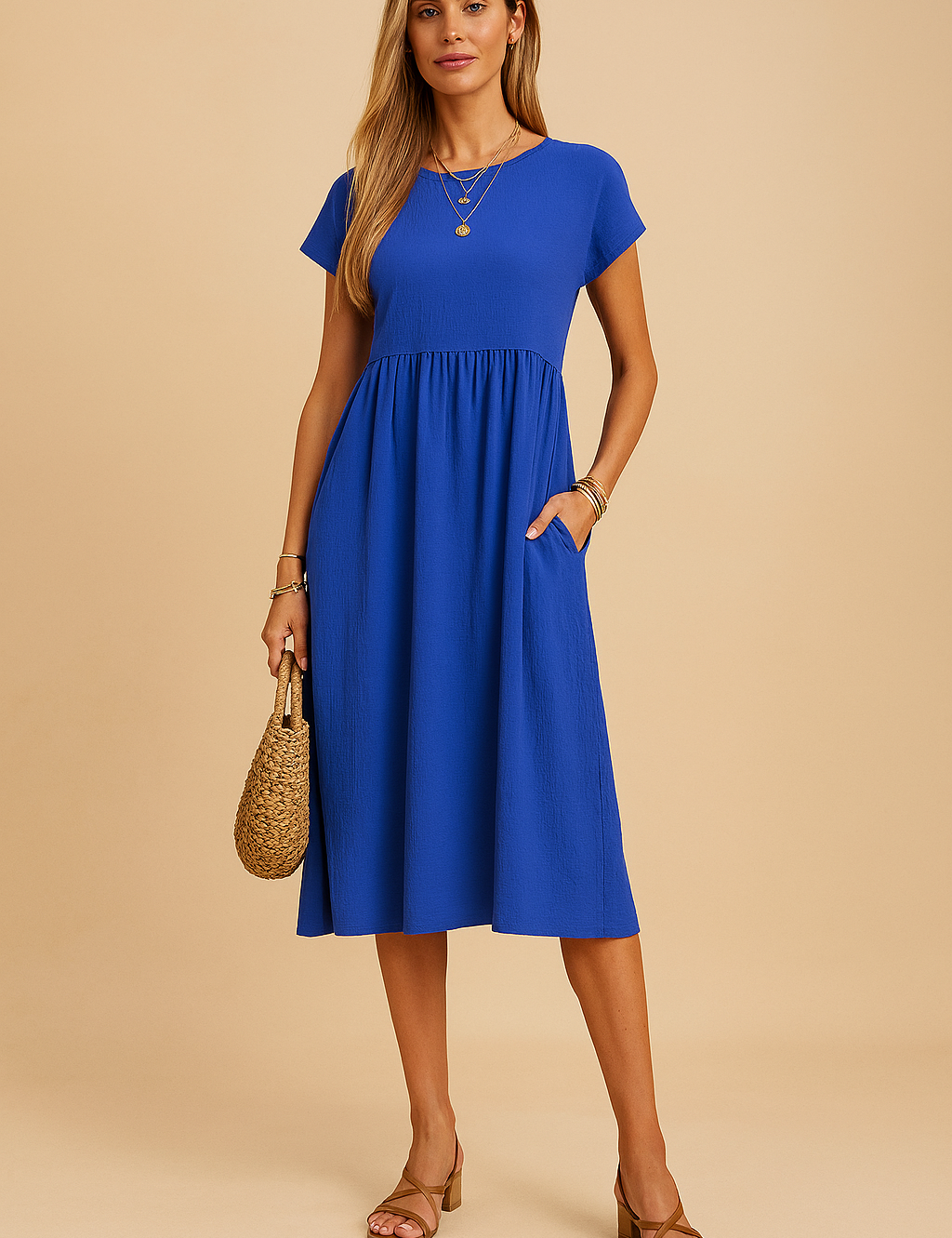 Kobaltblauwe midi jurk met korte mouwen en hoge taille, ideaal voor warme zomerdagen.