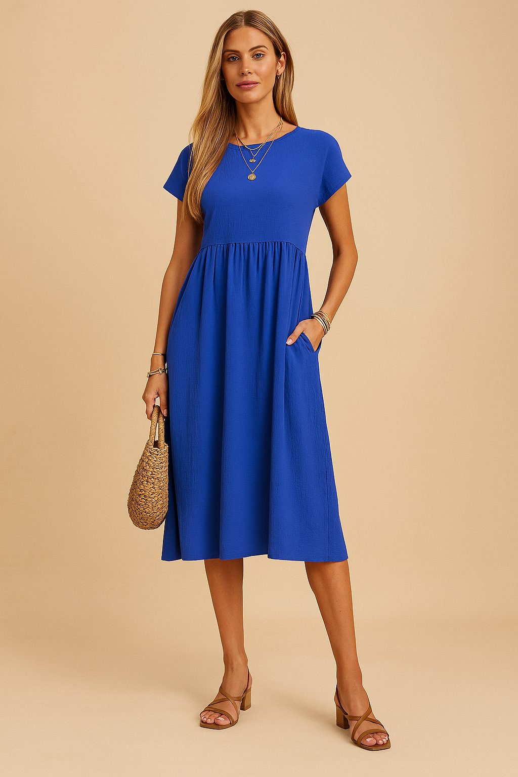 Kobaltblauwe midi jurk met korte mouwen en hoge taille, ideaal voor warme zomerdagen.