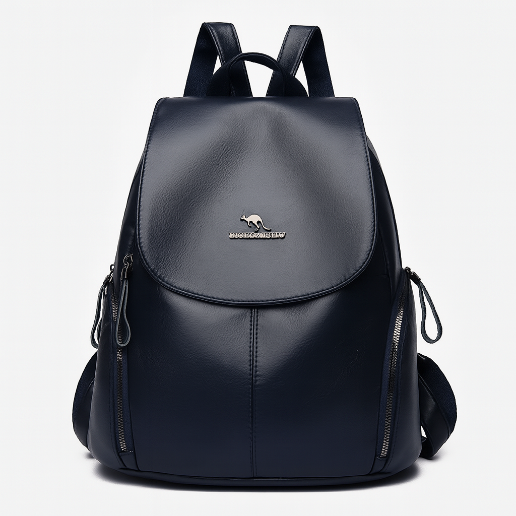 Elegante van kunstleer in marineblauw en pruim, met een stijlvolle klepsluiting, voorvakken met rits en verstelbare schouderbanden—perfect voor dagelijks gebruik en functioneel reizen.
