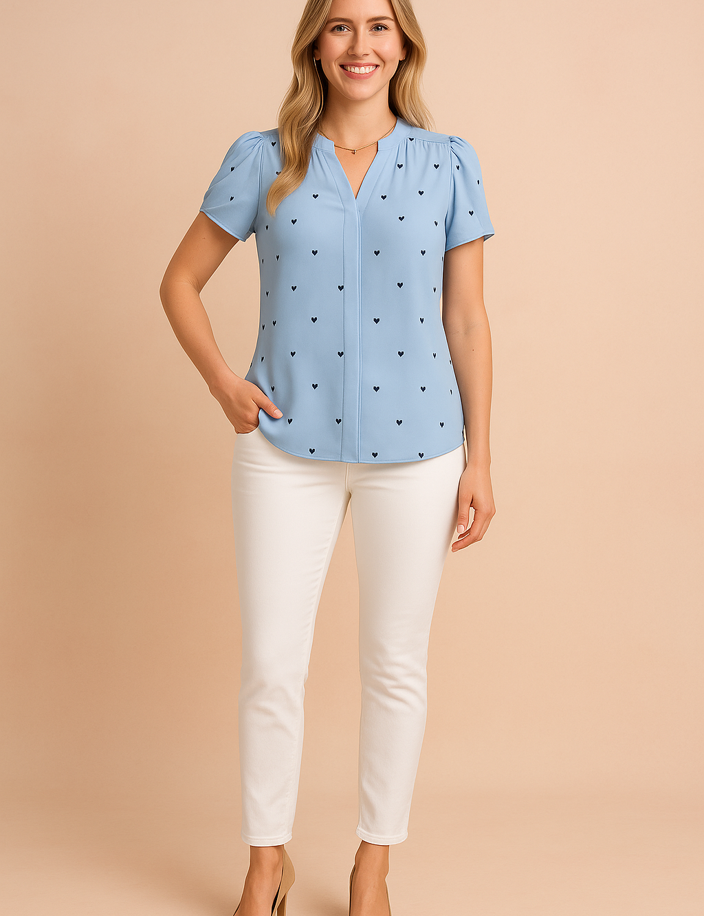 Lichtblauwe blouse met hartjesprint, subtiele pofmouwen en V-hals, perfect voor een casual-chique uitstraling.