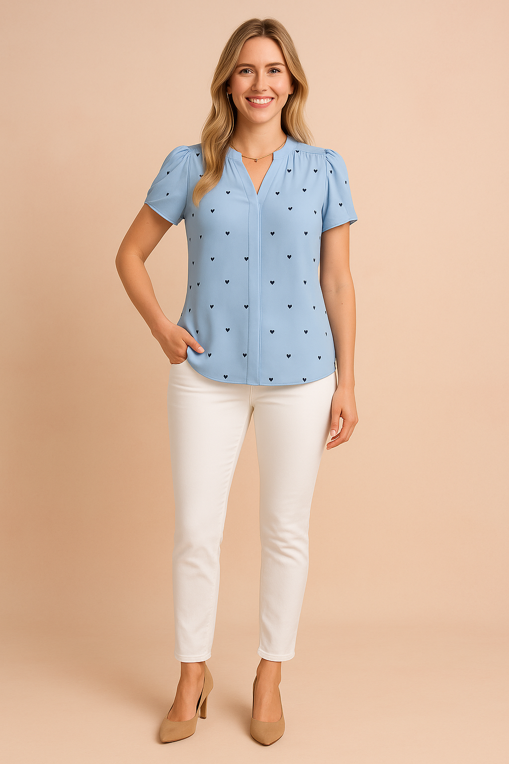 Lichtblauwe blouse met hartjesprint, subtiele pofmouwen en V-hals, perfect voor een casual-chique uitstraling.