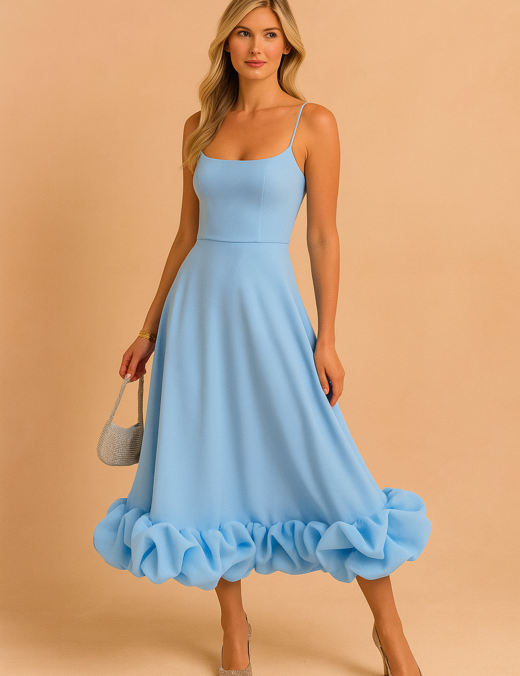 Lichtblauwe midi-jurk met smalle bandjes, geplooide onderzijde en elegante ballonzoom.