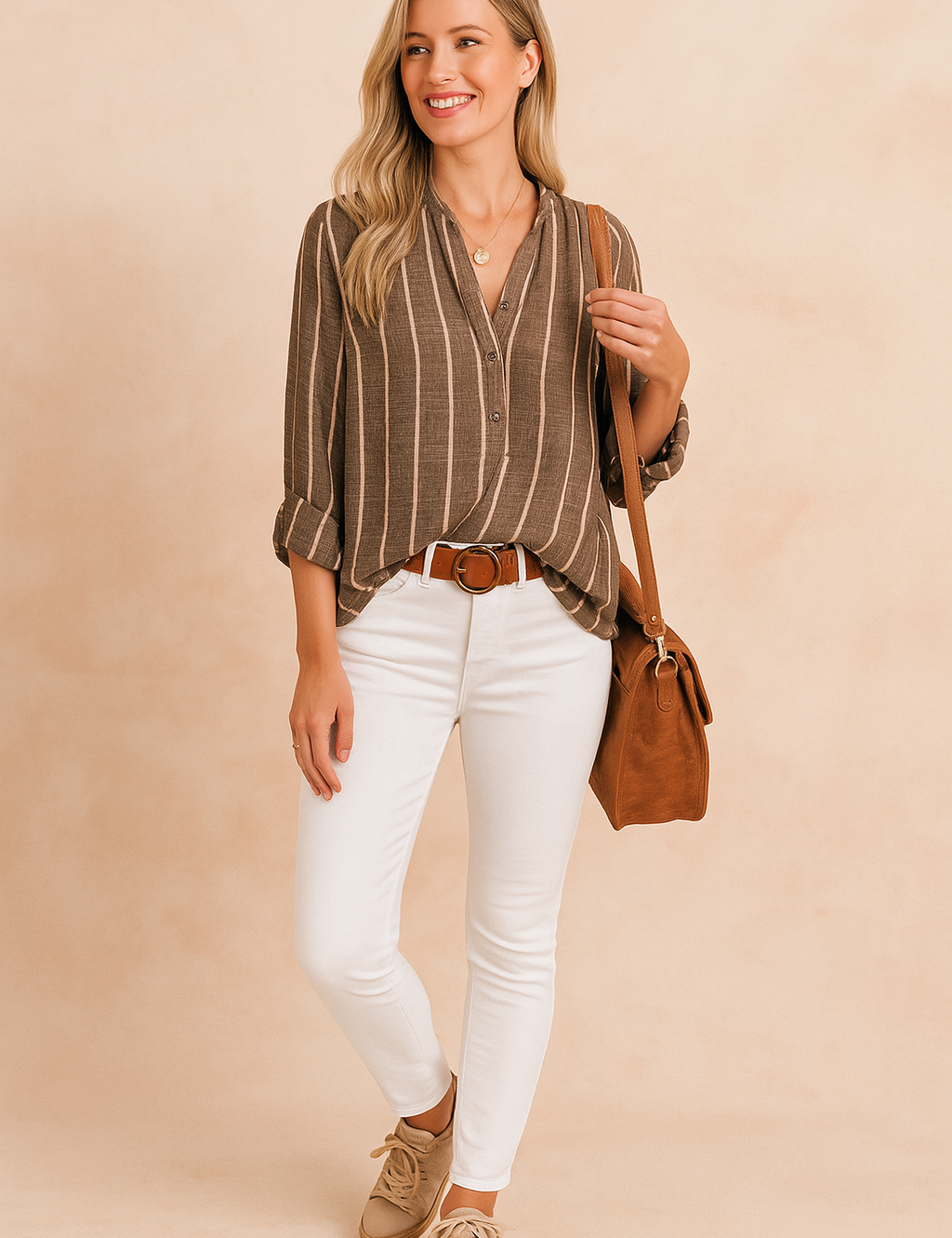 Lichtbruine linnen blouse met beige verticale strepen, knoopsluiting en lange mouwen, gecombineerd met een witte skinny jeans en schoudertas.