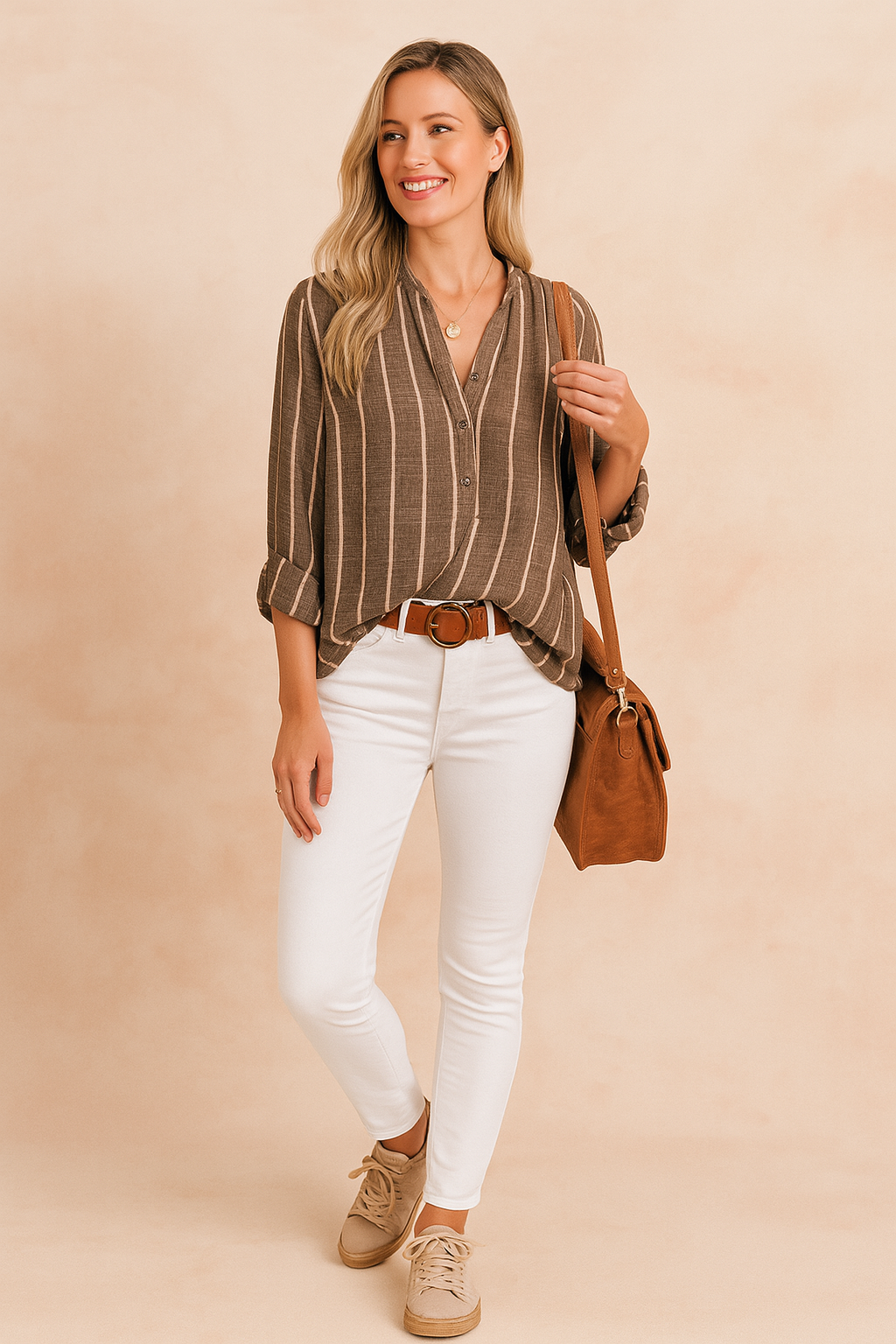 Lichtbruine linnen blouse met beige verticale strepen, knoopsluiting en lange mouwen, gecombineerd met een witte skinny jeans en schoudertas.