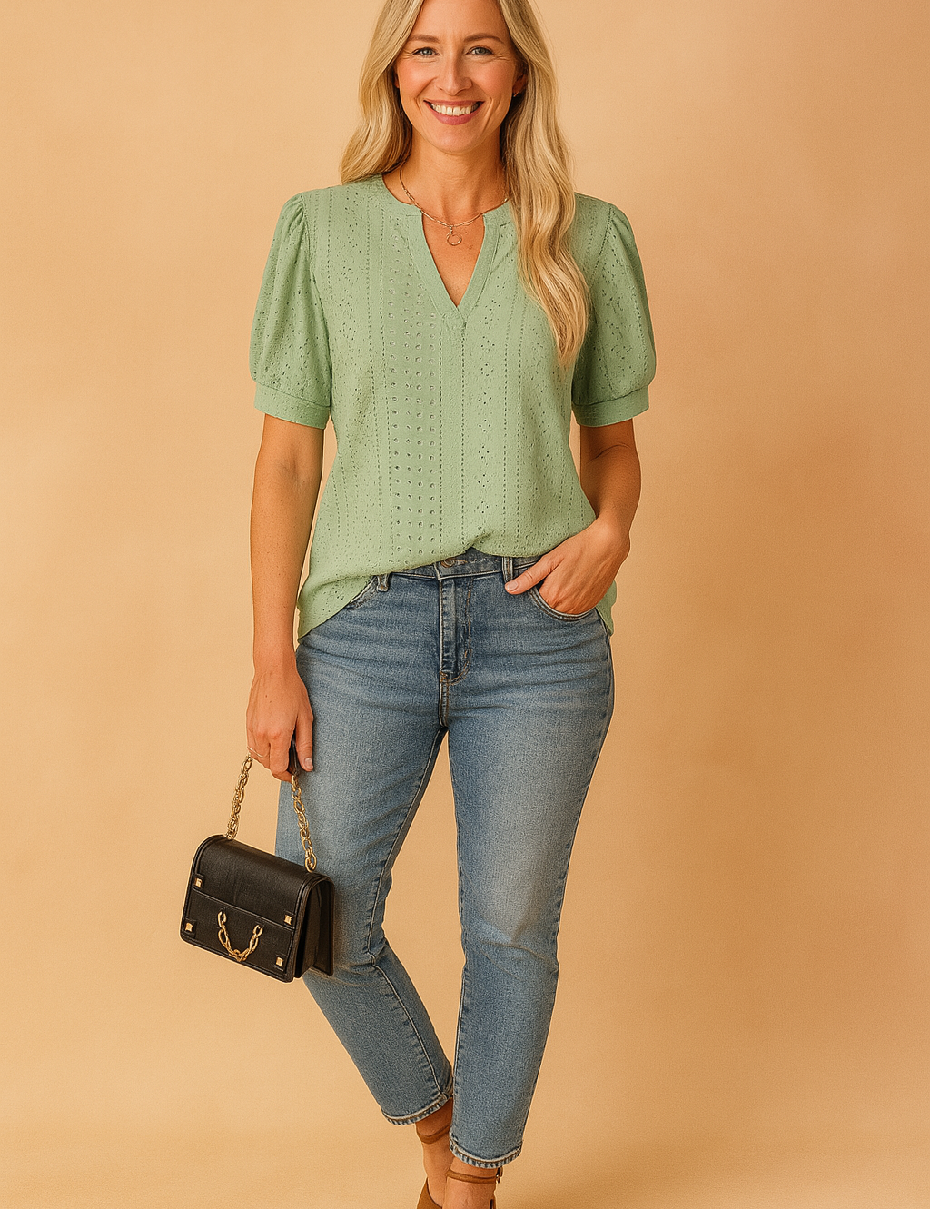 Lichtgroene blouse met ajourmotief, pofmouwen en subtiele V-hals in luchtige katoenen stof.