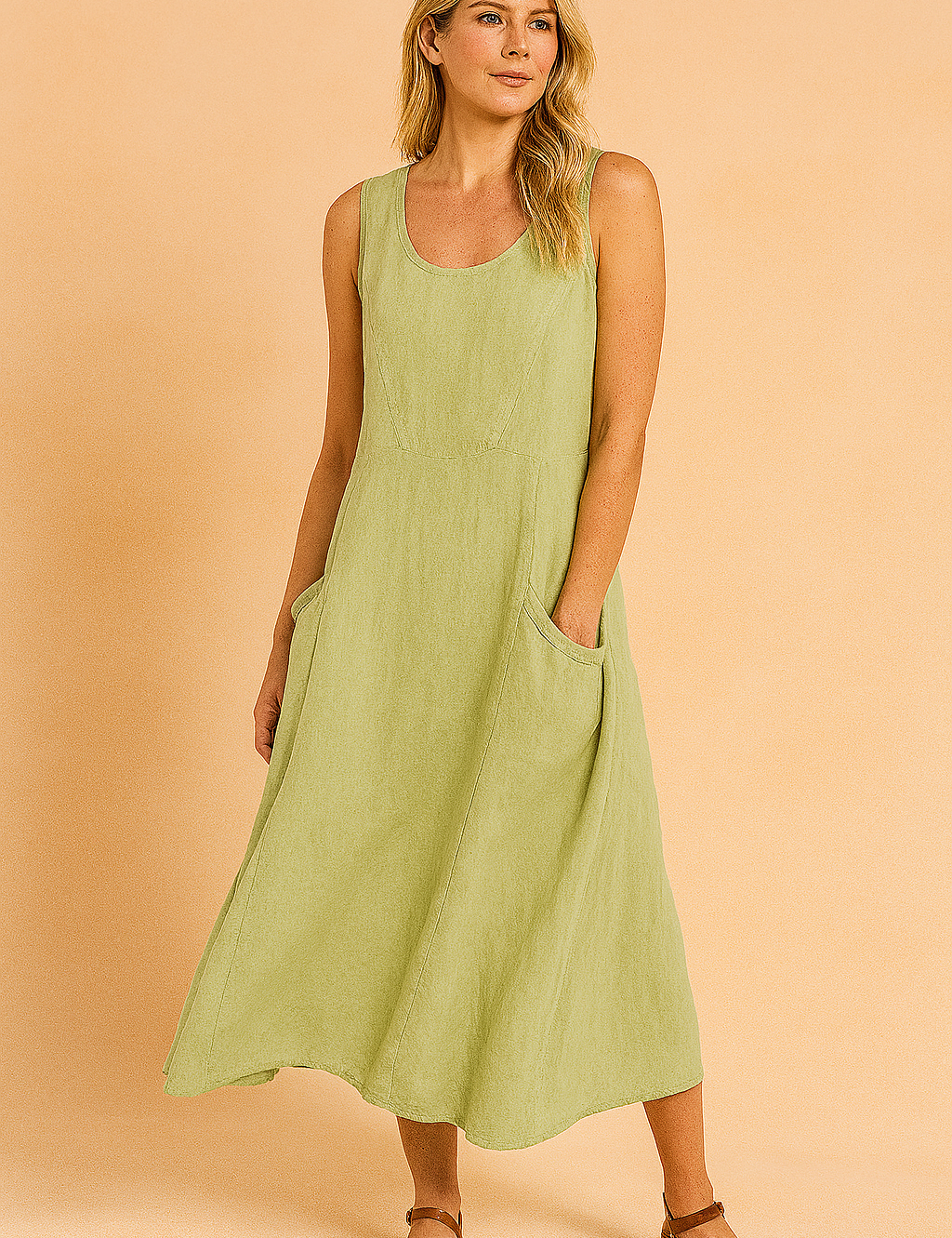 Lichtgroene mouwloze linnen midi-jurk met ronde hals, wijd uitlopende rok en praktische zakken voor een comfortabele zomerse outfit.