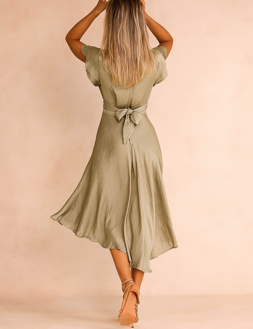 Lichtgroene midi-jurk met korte vlindermouwen, diepe V-hals, gedraaide taille met sleutelgat cut-out en vloeiende asymmetrische zoom.