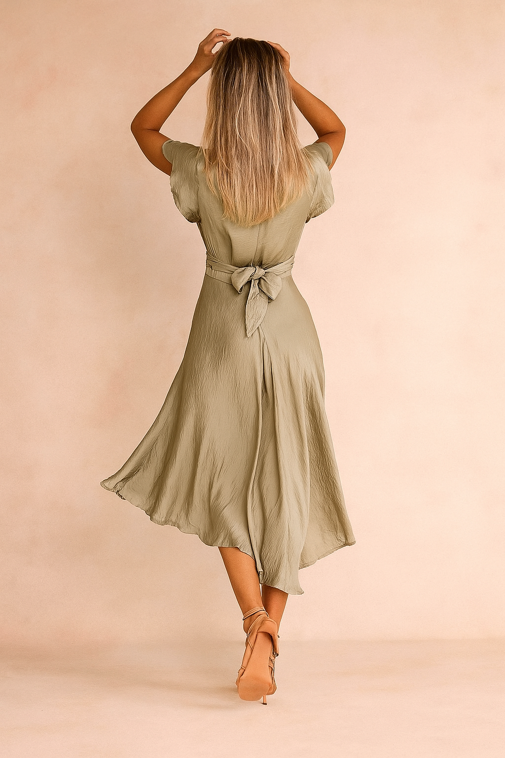 Lichtgroene midi-jurk met korte vlindermouwen, diepe V-hals, gedraaide taille met sleutelgat cut-out en vloeiende asymmetrische zoom.