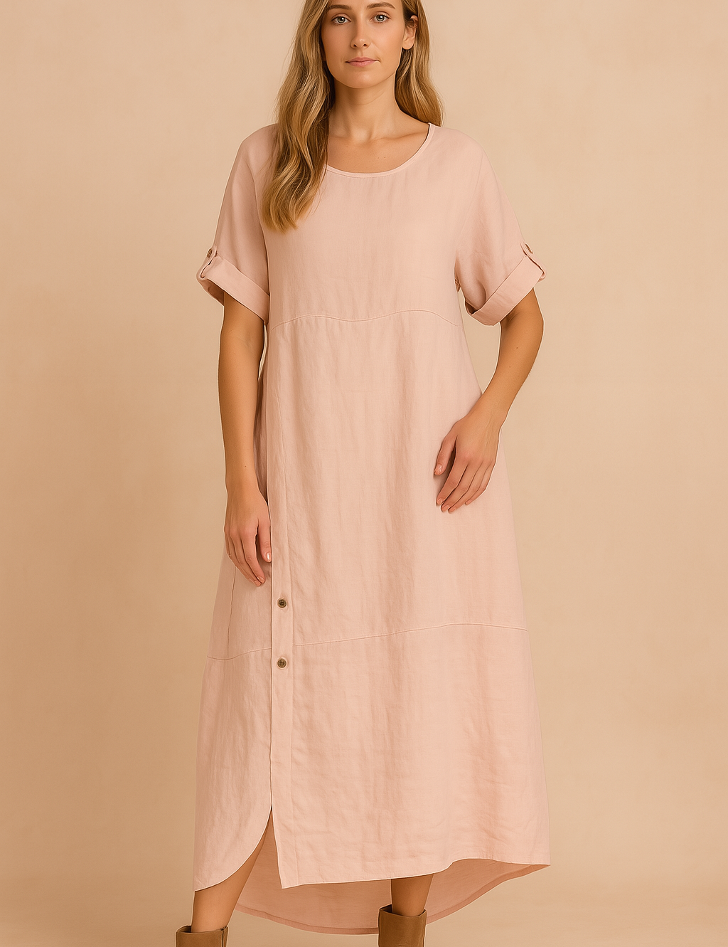  Lichtroze linnen jurk met asymmetrische knoopsluiting, korte mouwen en een minimalistisch ontwerp.