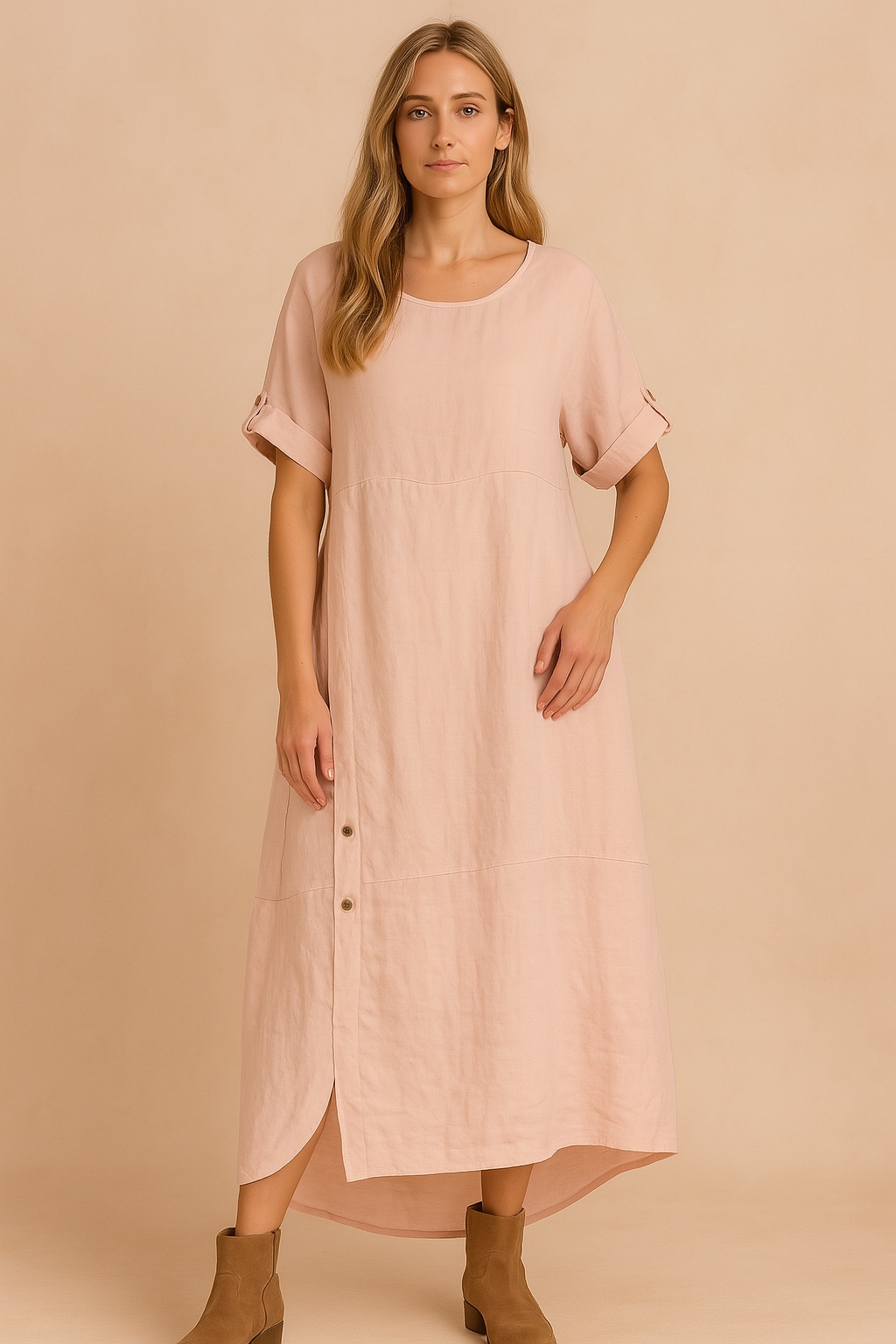  Lichtroze linnen jurk met asymmetrische knoopsluiting, korte mouwen en een minimalistisch ontwerp.