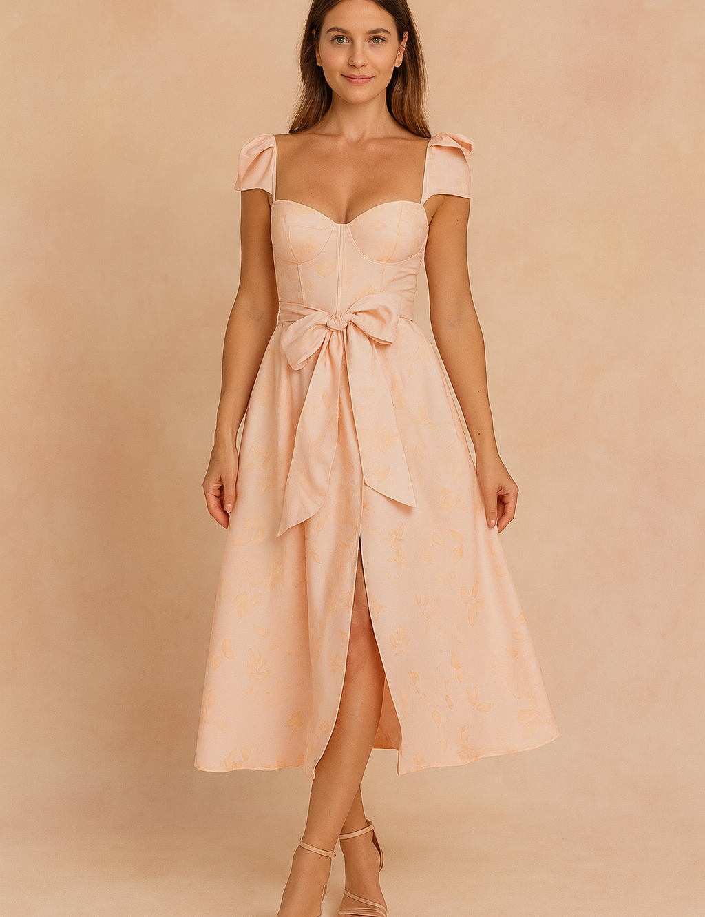 Mouwloze lichtroze midi zomerjurk met strikdetail en sweetheart halslijn