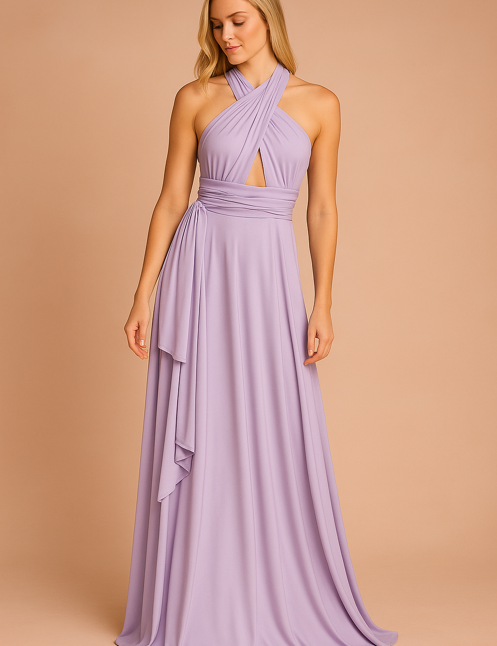 Lila halterjurk met gekruiste bandjes, keyhole detail en asymmetrisch rokpaneel in zachte effen jersey.