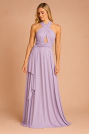 Lila halterjurk met gekruiste bandjes, keyhole detail en asymmetrisch rokpaneel in zachte effen jersey.