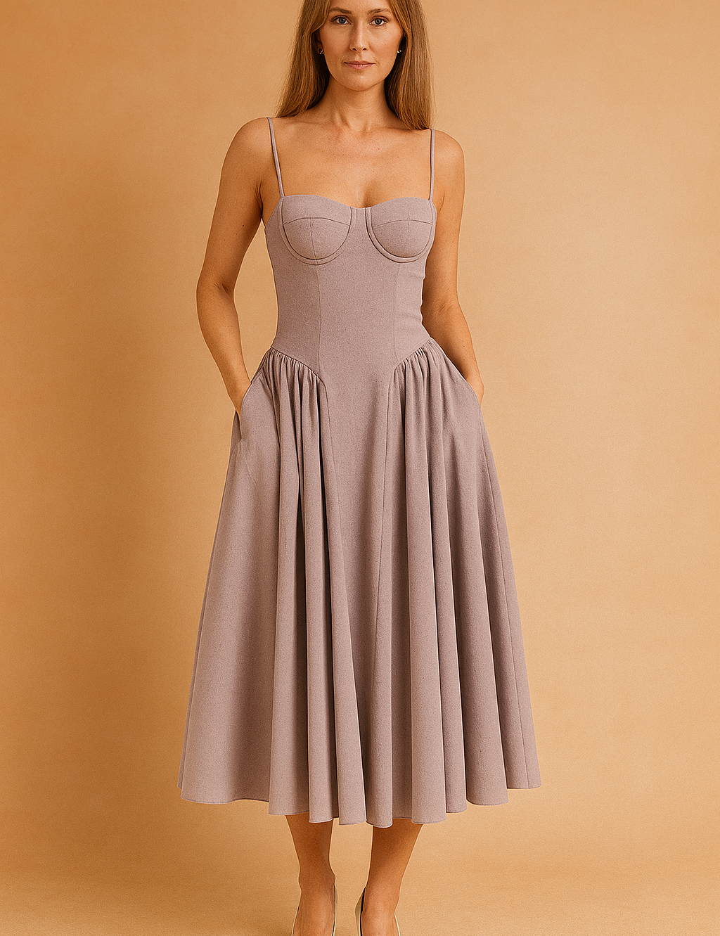 Lila midi jurk met corset-top en volumineuze plooien