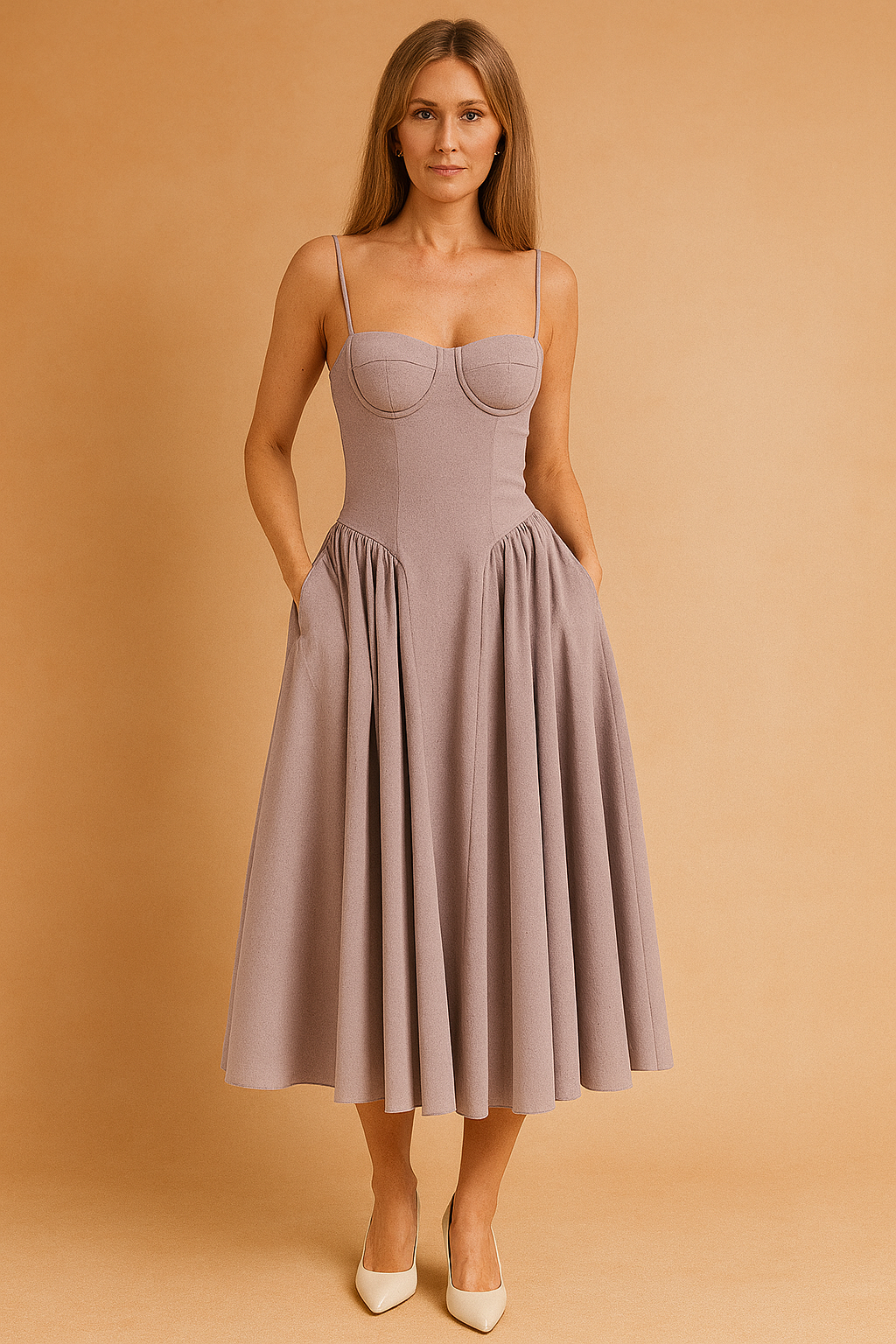 Lila midi jurk met corset-top en volumineuze plooien