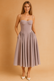 Lila midi jurk met corset-top en volumineuze plooien
