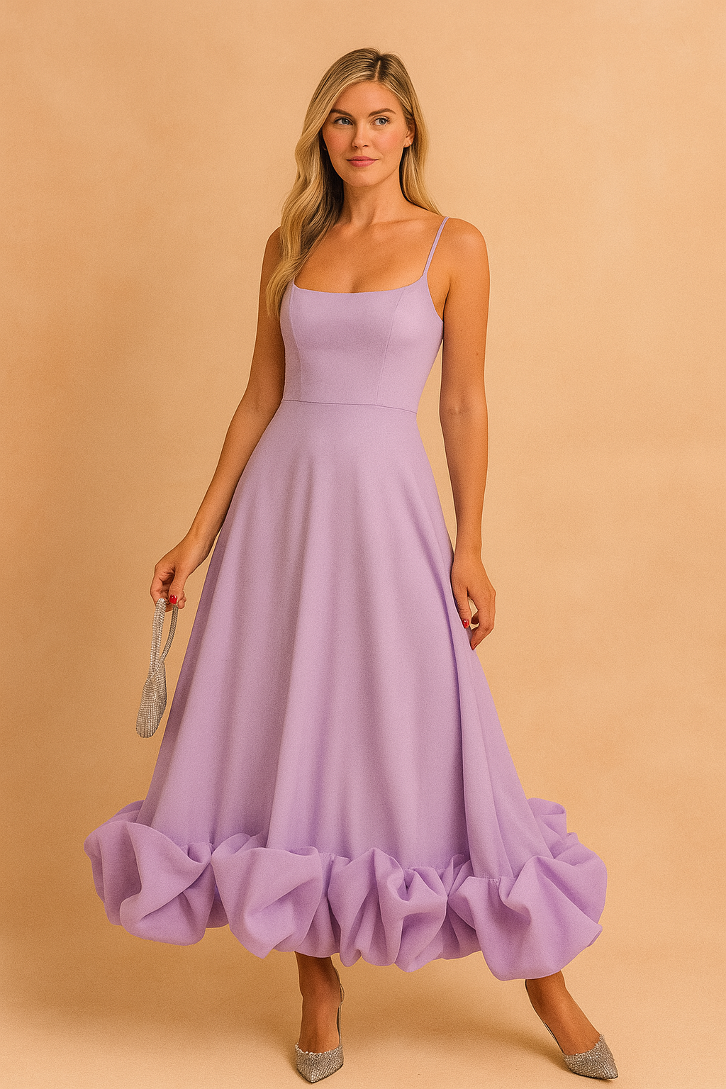 Lila midi-jurk met strakke pasvorm, spaghetti bandjes en volumineuze ballonzoom onderaan.