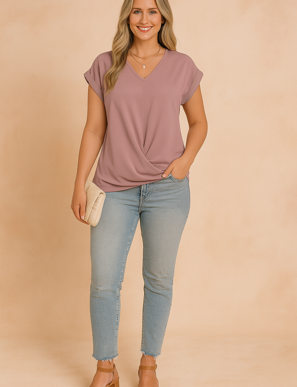 Lila damesblouse met V-hals en korte opgerolde mouwen, vervaardigd uit een effen soepele stof met een gekruiste twist aan de voorzijde — perfect voor een casual tot semi-formele look.