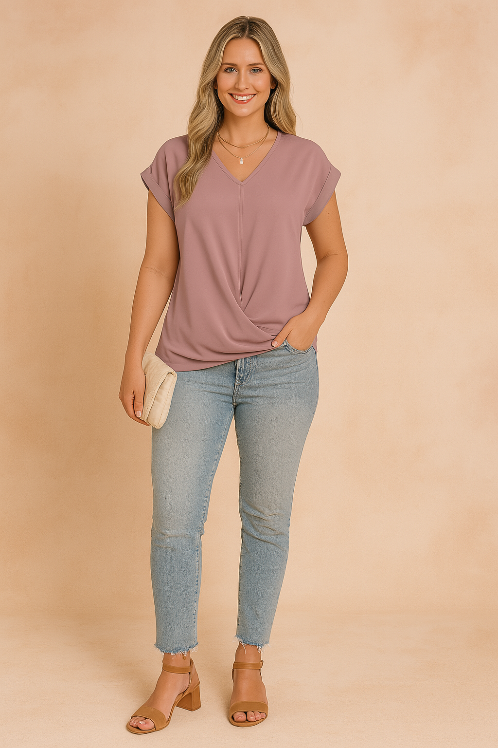 Lila damesblouse met V-hals en korte opgerolde mouwen, vervaardigd uit een effen soepele stof met een gekruiste twist aan de voorzijde — perfect voor een casual tot semi-formele look.