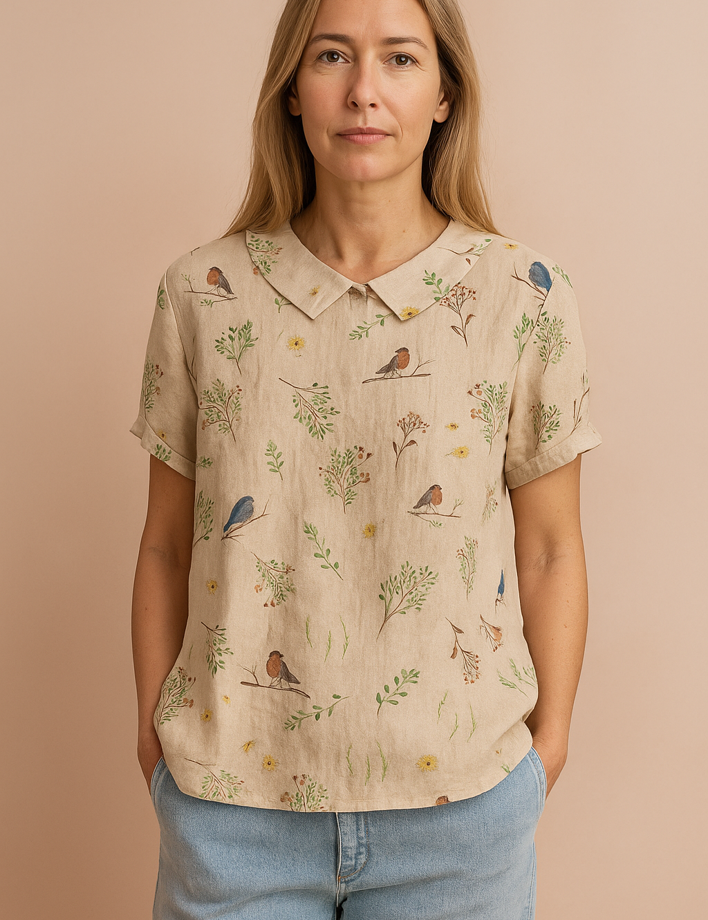 Beige linnen blouse met korte mouwen, Peter Pan-kraag en all-over vogelprint met botanische elementen.