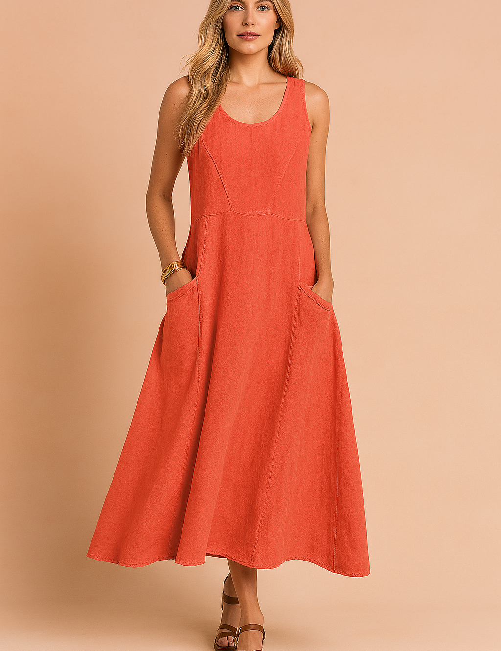 Mouwloze linnen midi jurk met zakken en ronde hals in terracotta oranje