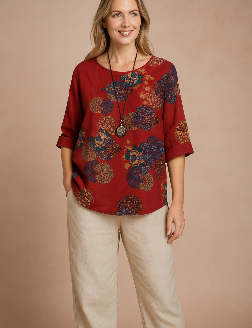 Ruimvallende rode blouse met ronde hals en opgerolde mouwen, met abstracte bloemenmedaillonprint in aardetinten en marineblauw. Perfect voor casual en boho-geïnspireerde outfits.