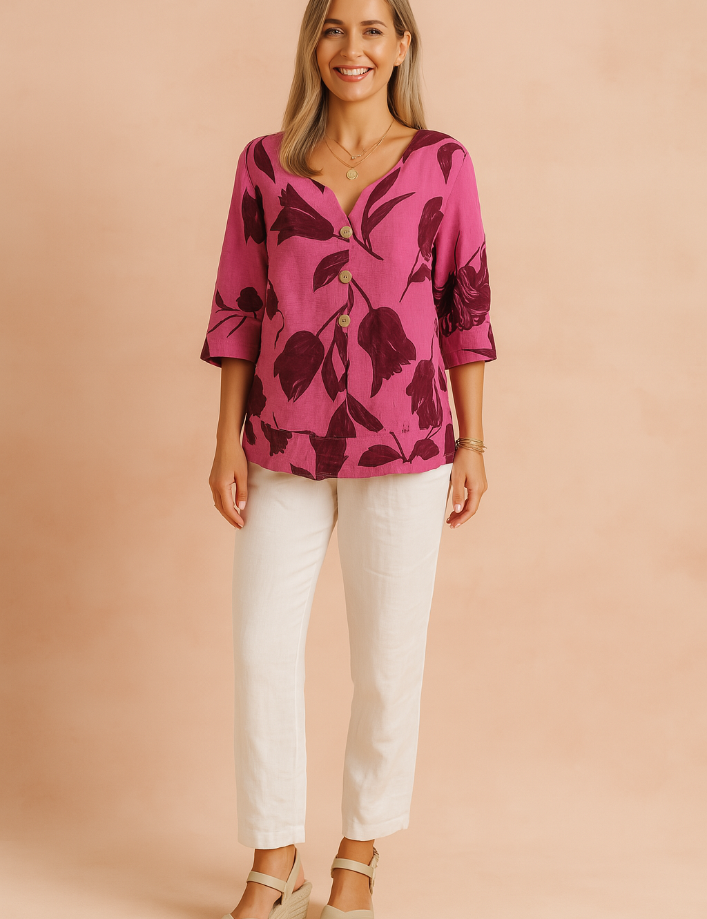 Magenta bloemenblouse met dieprode tulpenprint, V-hals, knoopsluiting aan de voorkant en omgeslagen driekwartmouwen voor een gedurfde maar vrouwelijke uitstraling.