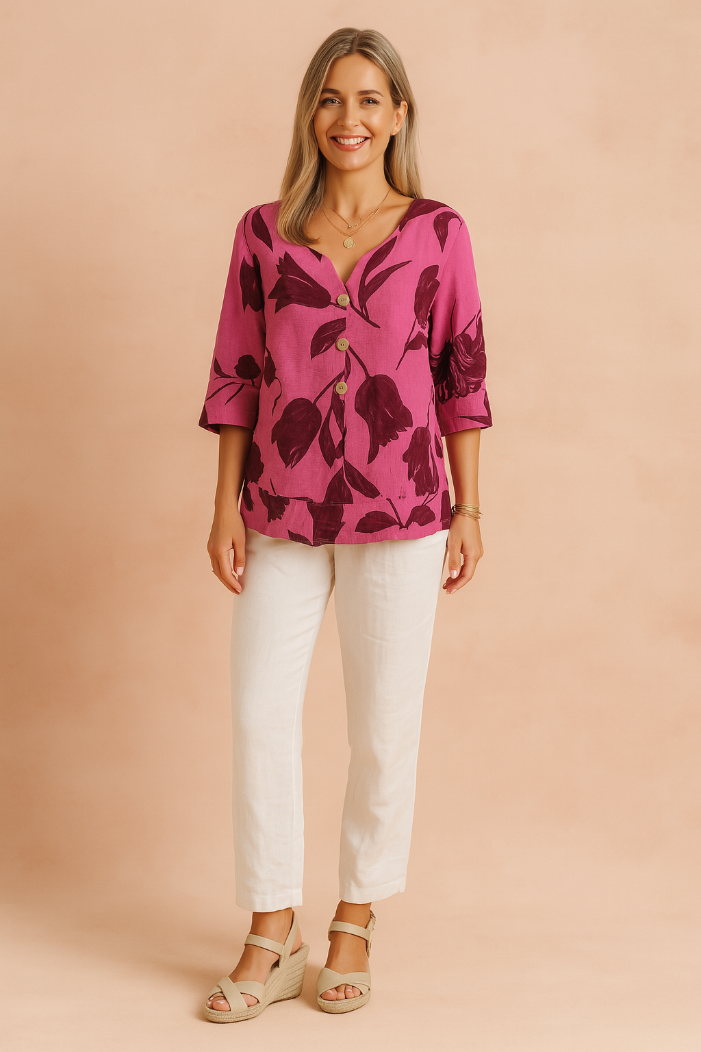 Magenta bloemenblouse met dieprode tulpenprint, V-hals, knoopsluiting aan de voorkant en omgeslagen driekwartmouwen voor een gedurfde maar vrouwelijke uitstraling.