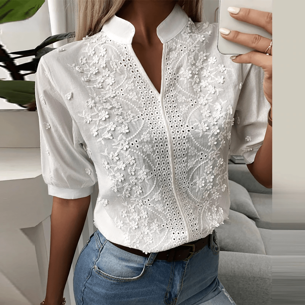 Elodie - Elegante Blouse met V-hals en Kanten Accenten