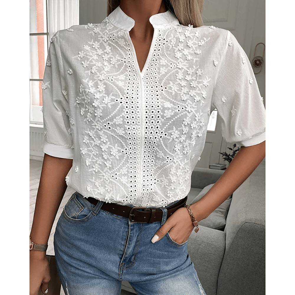 Elodie - Elegante Blouse met V-hals en Kanten Accenten