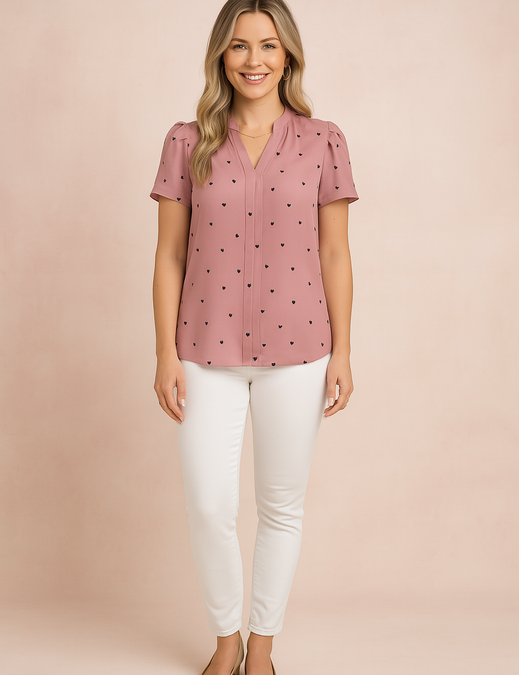 Mauve blouse met korte mouwen en zwarte hartjesprint, met lichte plooimouwen en V-hals voor een vrouwelijke look.