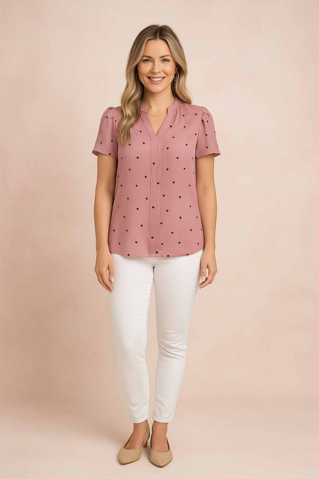 Mauve blouse met korte mouwen en zwarte hartjesprint, met lichte plooimouwen en V-hals voor een vrouwelijke look.