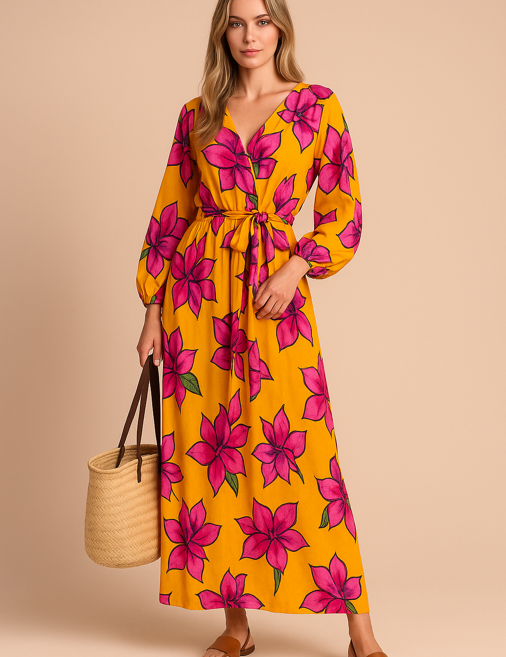 Lange V-halsjurk met strikceintuur en ballonmouwen, bedrukt met grote roze bloemen op een feloranje achtergrond.