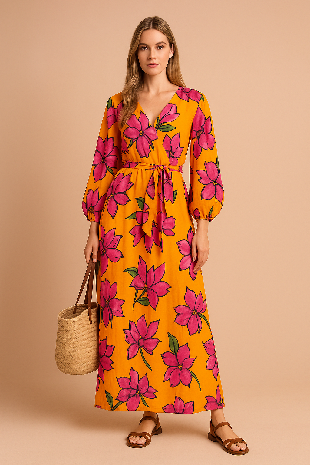 Lange V-halsjurk met strikceintuur en ballonmouwen, bedrukt met grote roze bloemen op een feloranje achtergrond.