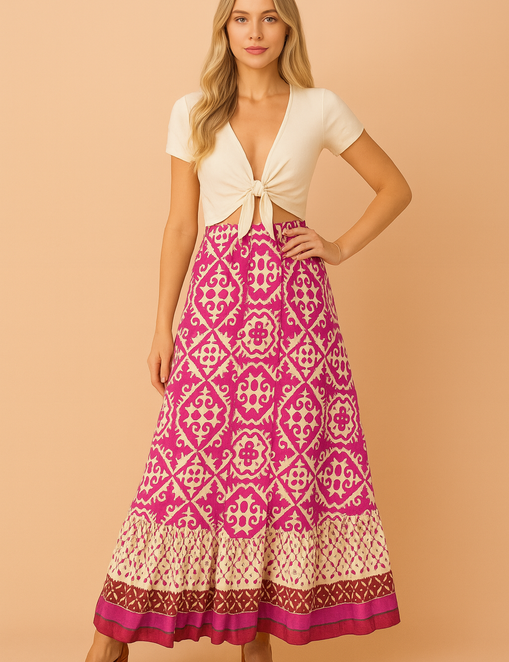 Maxi-rok met fuchsia en crèmekleurige etnische print, brede zoom in bordeauxtinten, gecombineerd met een crèmekleurige knoop-top.