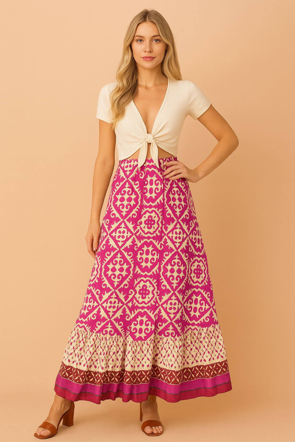 Maxi-rok met fuchsia en crèmekleurige etnische print, brede zoom in bordeauxtinten, gecombineerd met een crèmekleurige knoop-top.