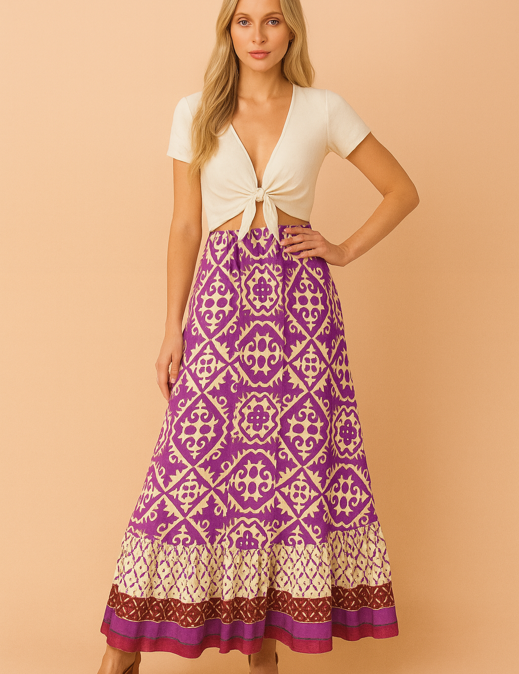 Paars-crèmekleurige maxi-rok met etnisch patroon en contrasterende brede bordeaux zoom, gedragen met een crèmekleurige top met knoopsluiting.