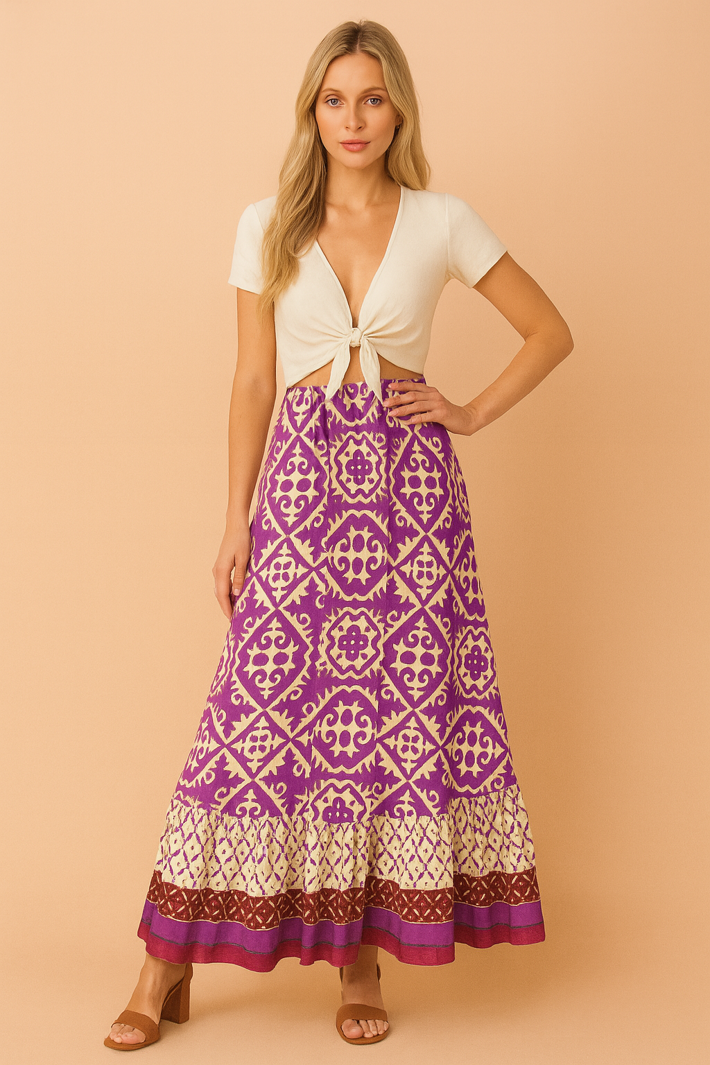 Paars-crèmekleurige maxi-rok met etnisch patroon en contrasterende brede bordeaux zoom, gedragen met een crèmekleurige top met knoopsluiting.
