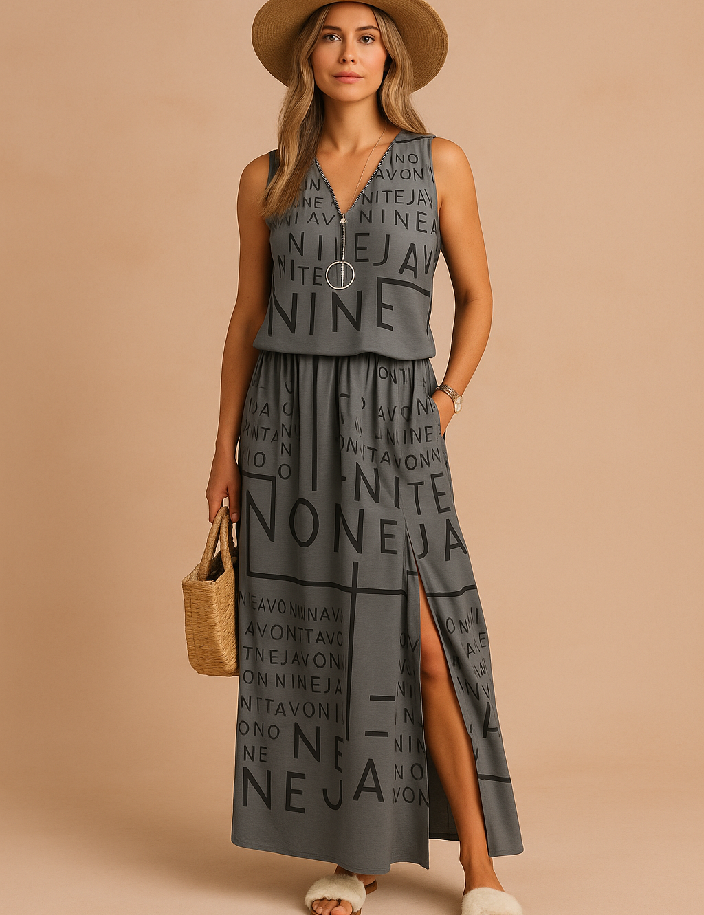 Zomerjurk zonder mouwen met ritssluiting, hoge split en all-over zwarte typografische print op donkergrijze basis.