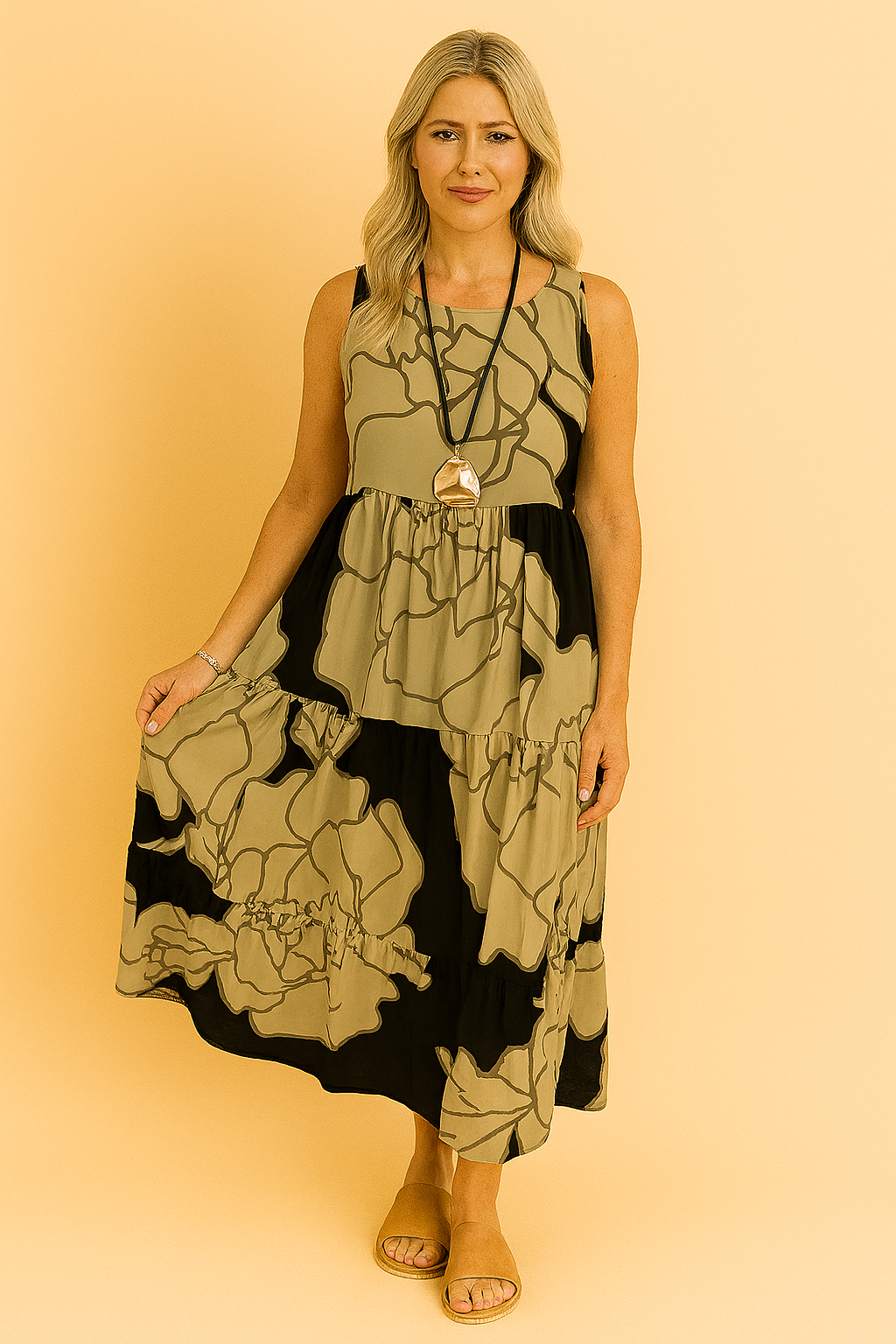 Mouwloze midi-jurk met khaki en zwarte oversized bloemenprint, ontworpen met speelse ruches en een vloeiend silhouet.