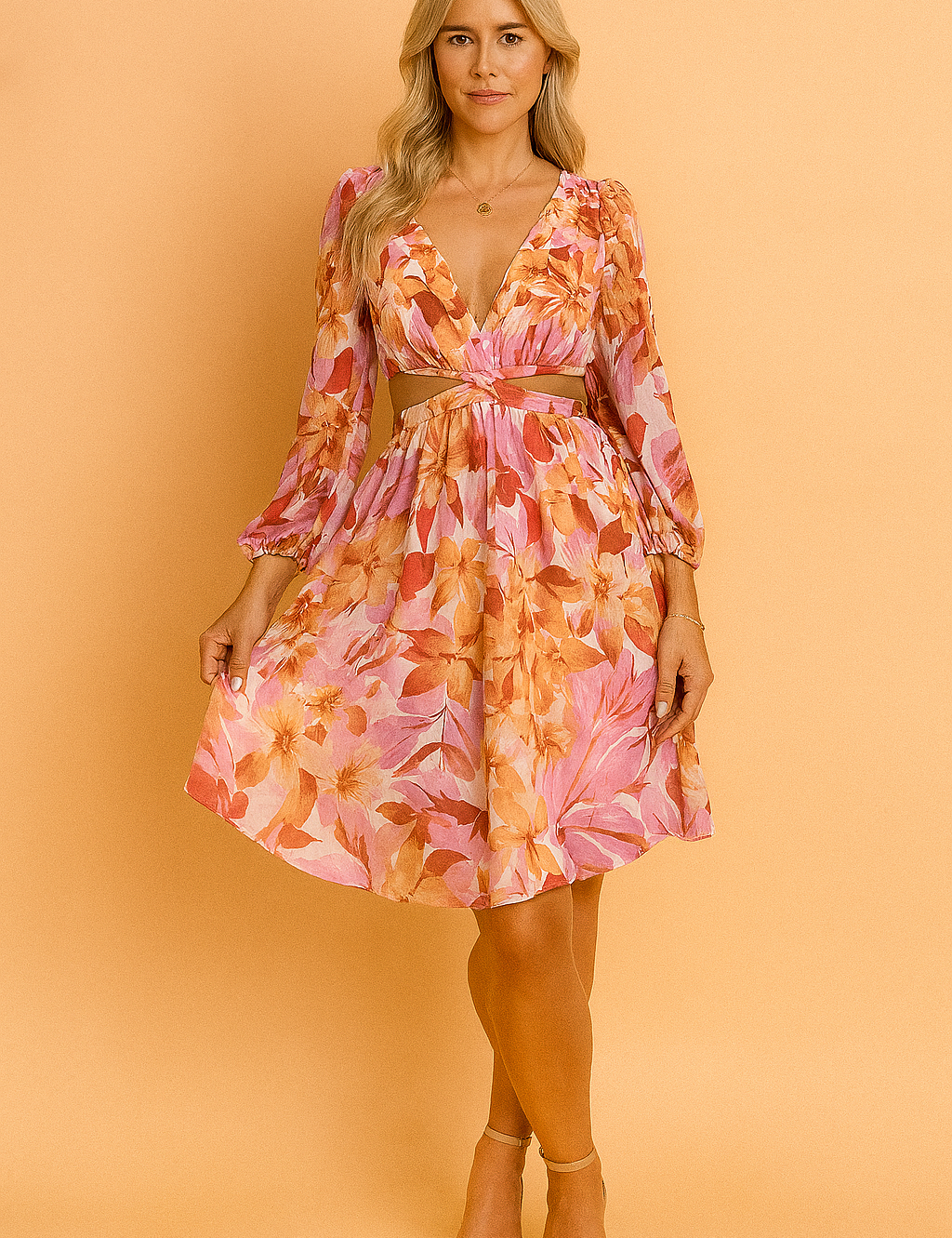 V-hals mini-jurk met lange mouwen en een roze-oranje bloemenprint, voorzien van een uitgesneden tailleband detail.
