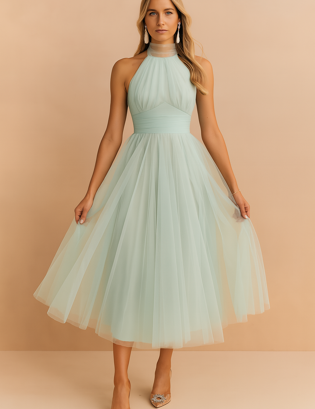 Mintgroene halterjurk met tule rok, frisse midi zomerjurk met hoge halslijn en luchtige uitstraling.