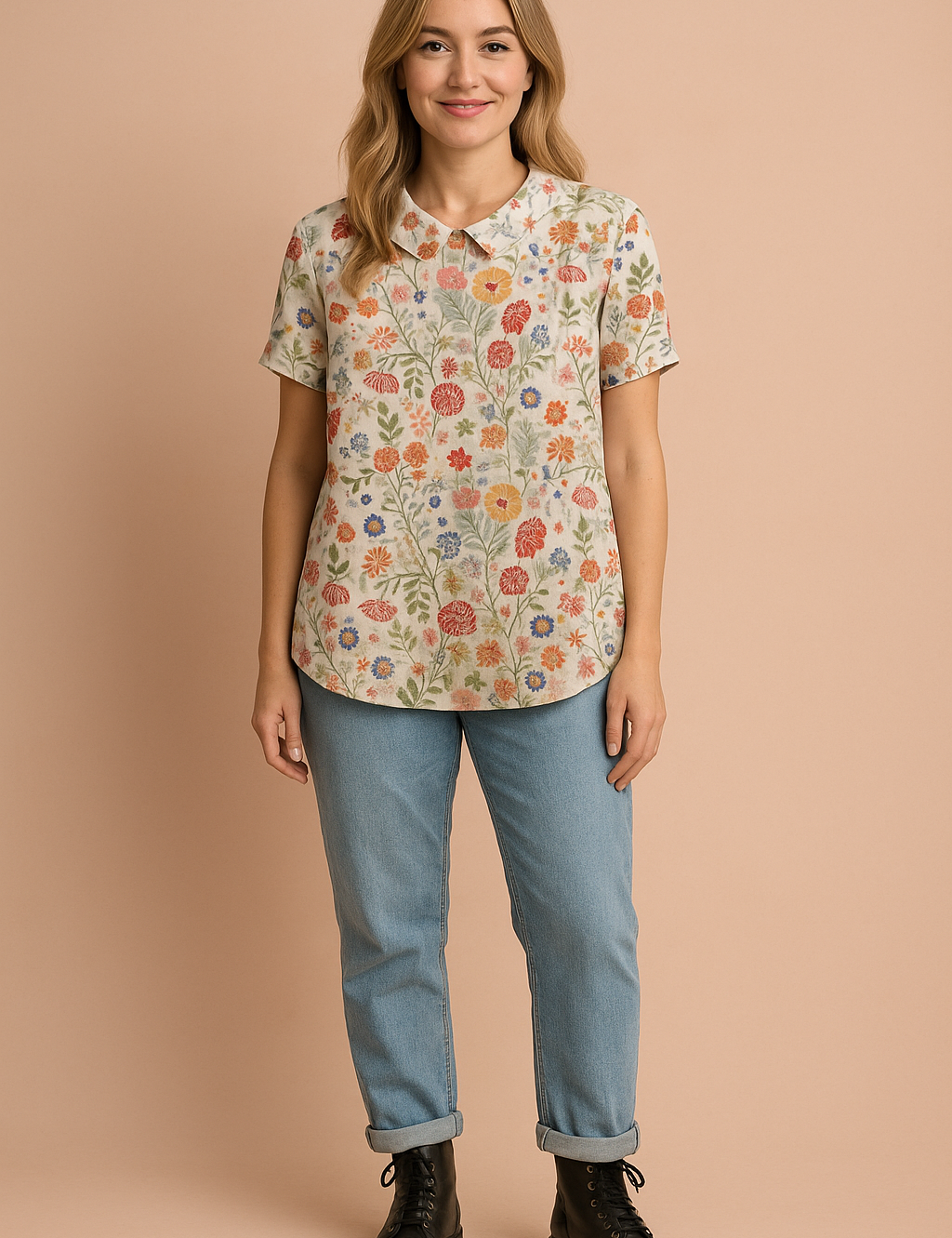Linnenlook blouse met korte mouwen en kleurrijk bloemenpatroon in rood, oranje en blauw op een beige achtergrond, afgewerkt met een ronde kraag.